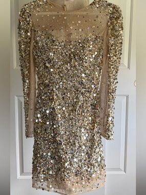 Gold ,Sherri Hill Sequin Long Sleeve Sheer  Dress